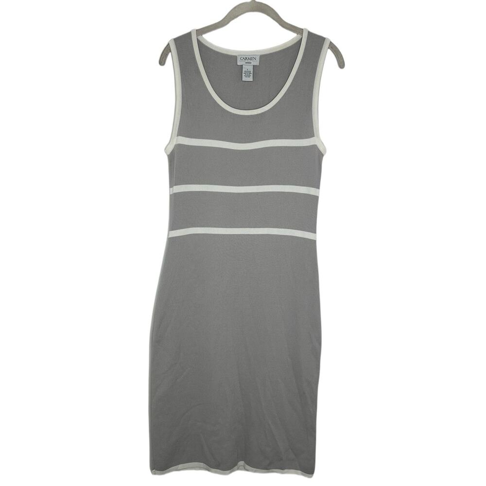 Carmen Marc Valvo Gray Stretch Knit White Trim Sheath Dress - Women's Size L